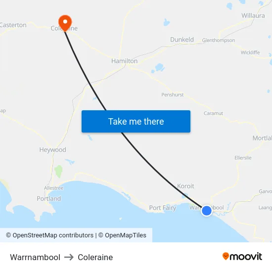 Warrnambool to Coleraine map