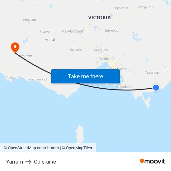 Yarram to Coleraine map