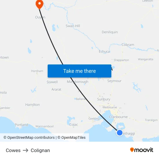 Cowes to Colignan map