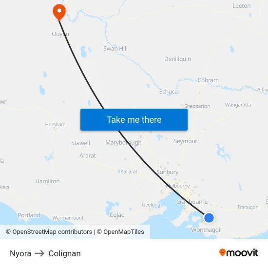 Nyora to Colignan map