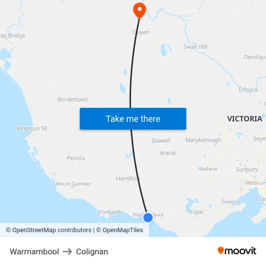 Warrnambool to Colignan map