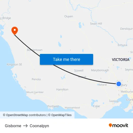 Gisborne to Coonalpyn map