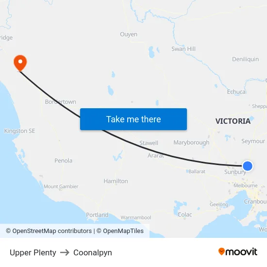 Upper Plenty to Coonalpyn map