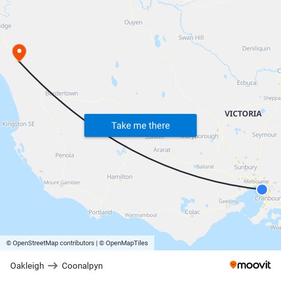 Oakleigh to Coonalpyn map