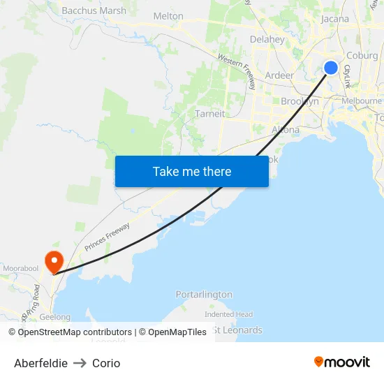 Aberfeldie to Corio map