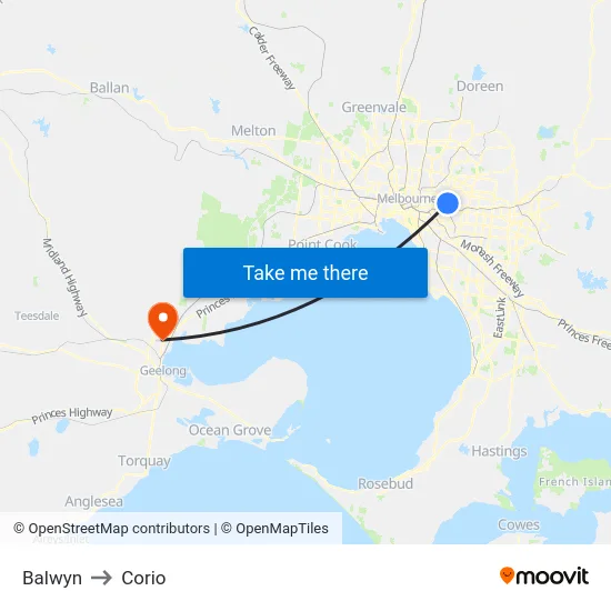 Balwyn to Corio map