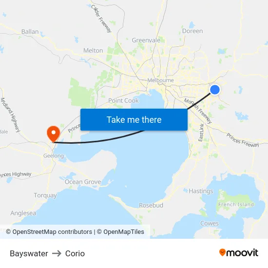 Bayswater to Corio map
