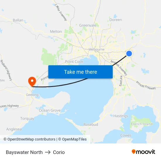 Bayswater North to Corio map