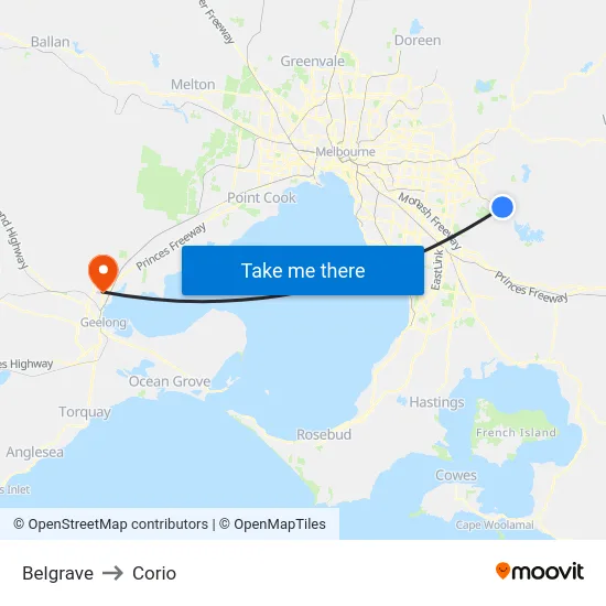 Belgrave to Corio map