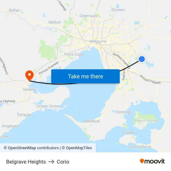 Belgrave Heights to Corio map