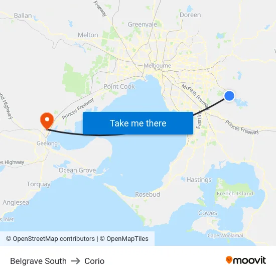 Belgrave South to Corio map