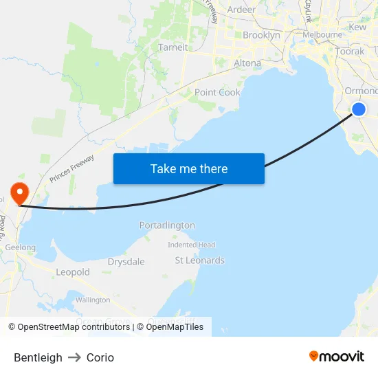 Bentleigh to Corio map