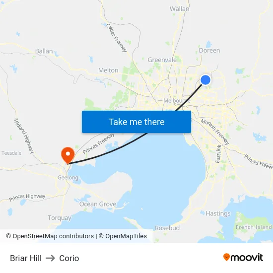 Briar Hill to Corio map