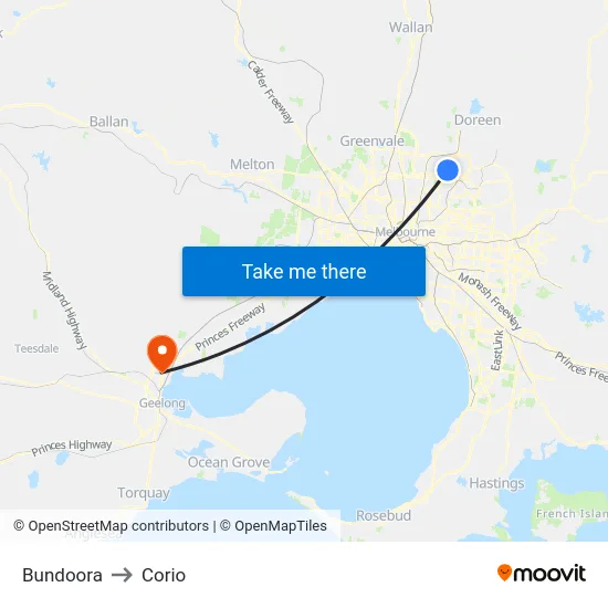 Bundoora to Corio map