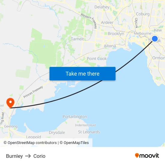 Burnley to Corio map
