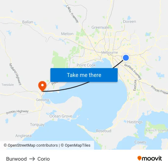 Burwood to Corio map