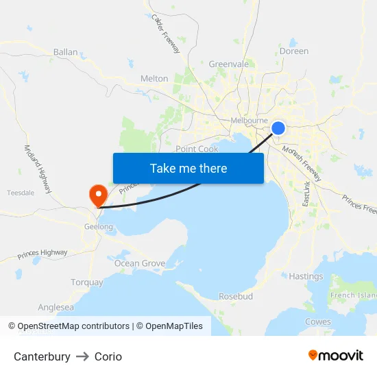 Canterbury to Corio map