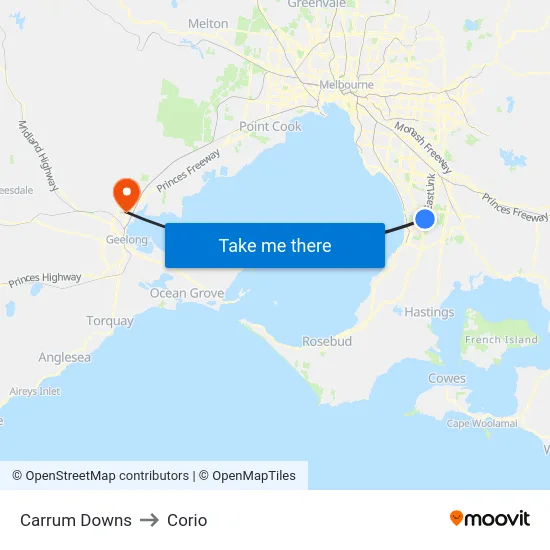Carrum Downs to Corio map