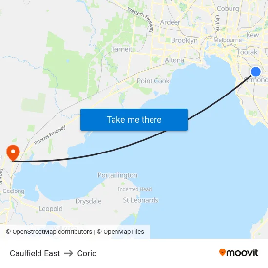 Caulfield East to Corio map