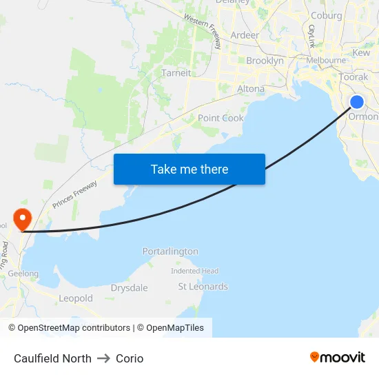 Caulfield North to Corio map