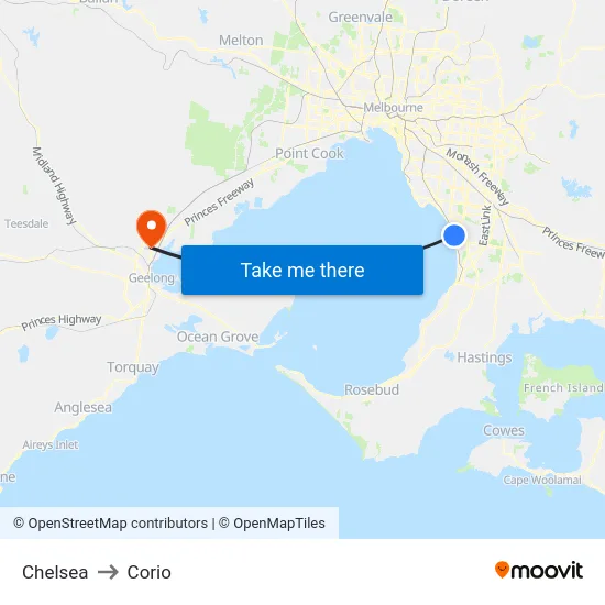 Chelsea to Corio map