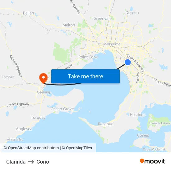 Clarinda to Corio map