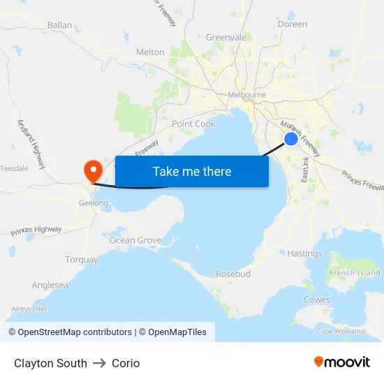 Clayton South to Corio map