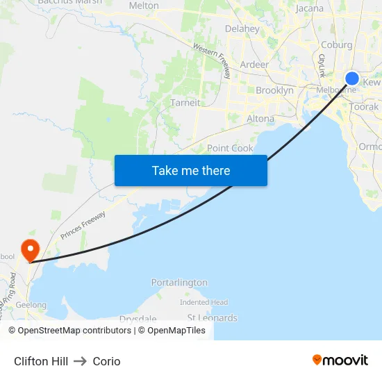 Clifton Hill to Corio map