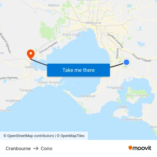 Cranbourne to Corio map