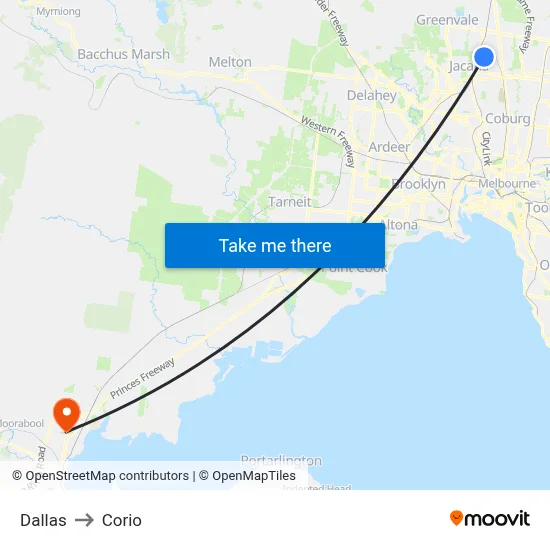 Dallas to Corio map