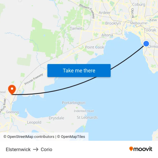 Elsternwick to Corio map