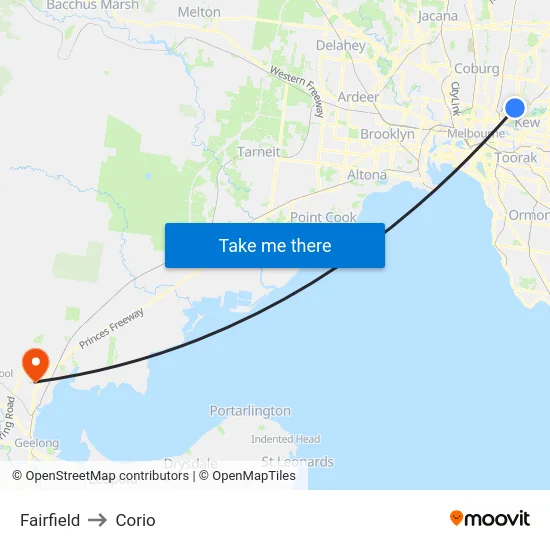 Fairfield to Corio map