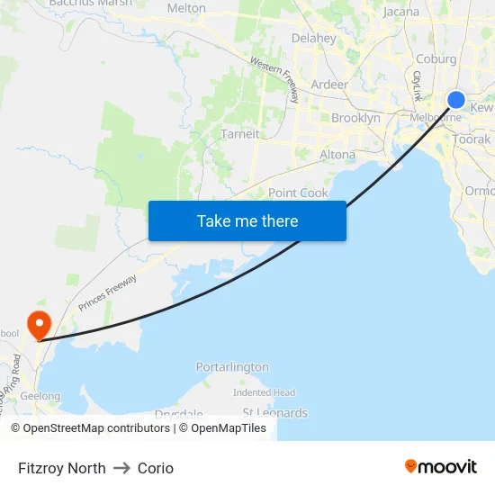 Fitzroy North to Corio map