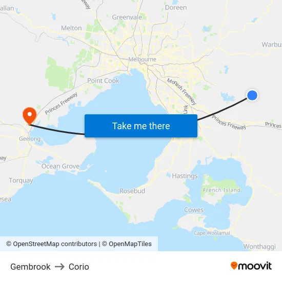 Gembrook to Corio map