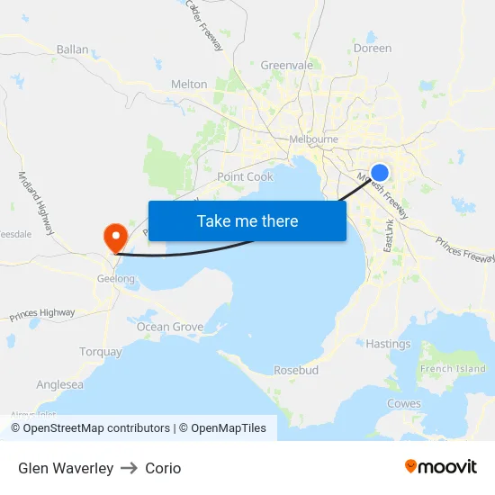 Glen Waverley to Corio map