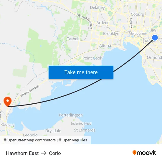Hawthorn East to Corio map