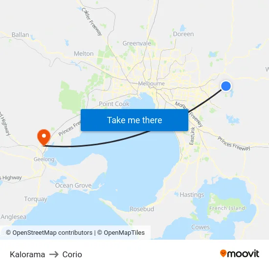 Kalorama to Corio map
