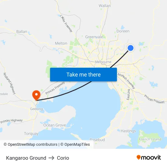 Kangaroo Ground to Corio map