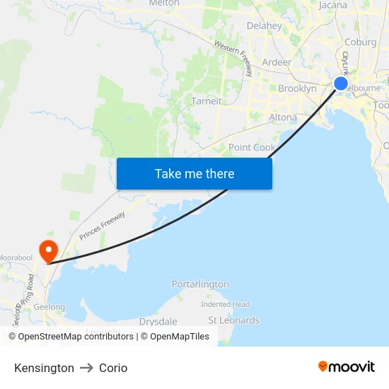 Kensington to Corio map