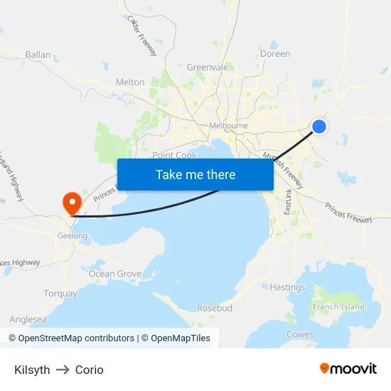 Kilsyth to Corio map
