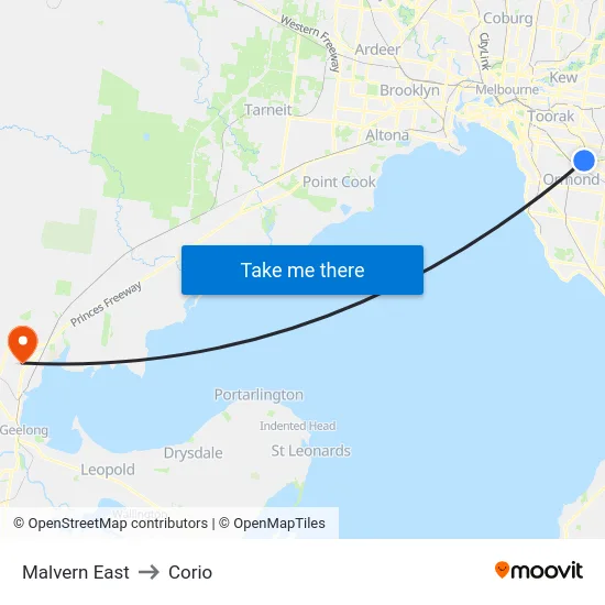 Malvern East to Corio map