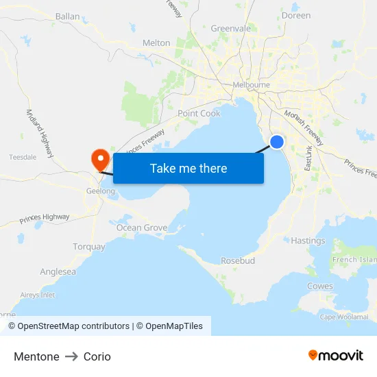 Mentone to Corio map
