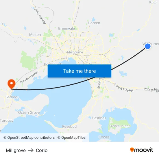 Millgrove to Corio map