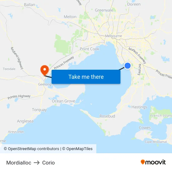 Mordialloc to Corio map