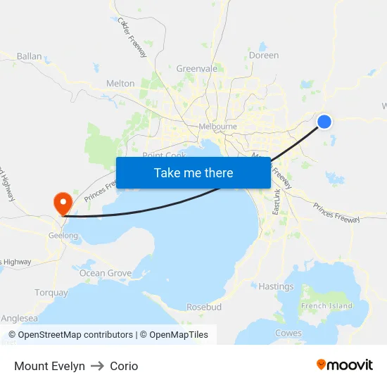 Mount Evelyn to Corio map