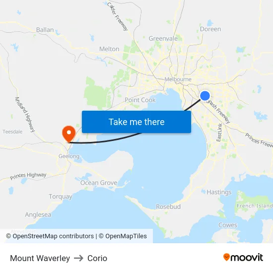 Mount Waverley to Corio map