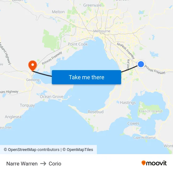 Narre Warren to Corio map
