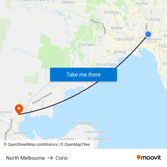 North Melbourne to Corio map