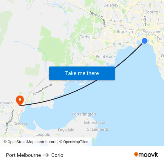 Port Melbourne to Corio map