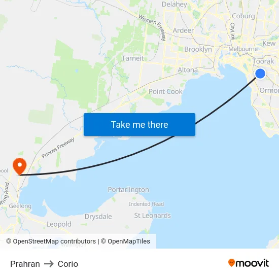 Prahran to Corio map